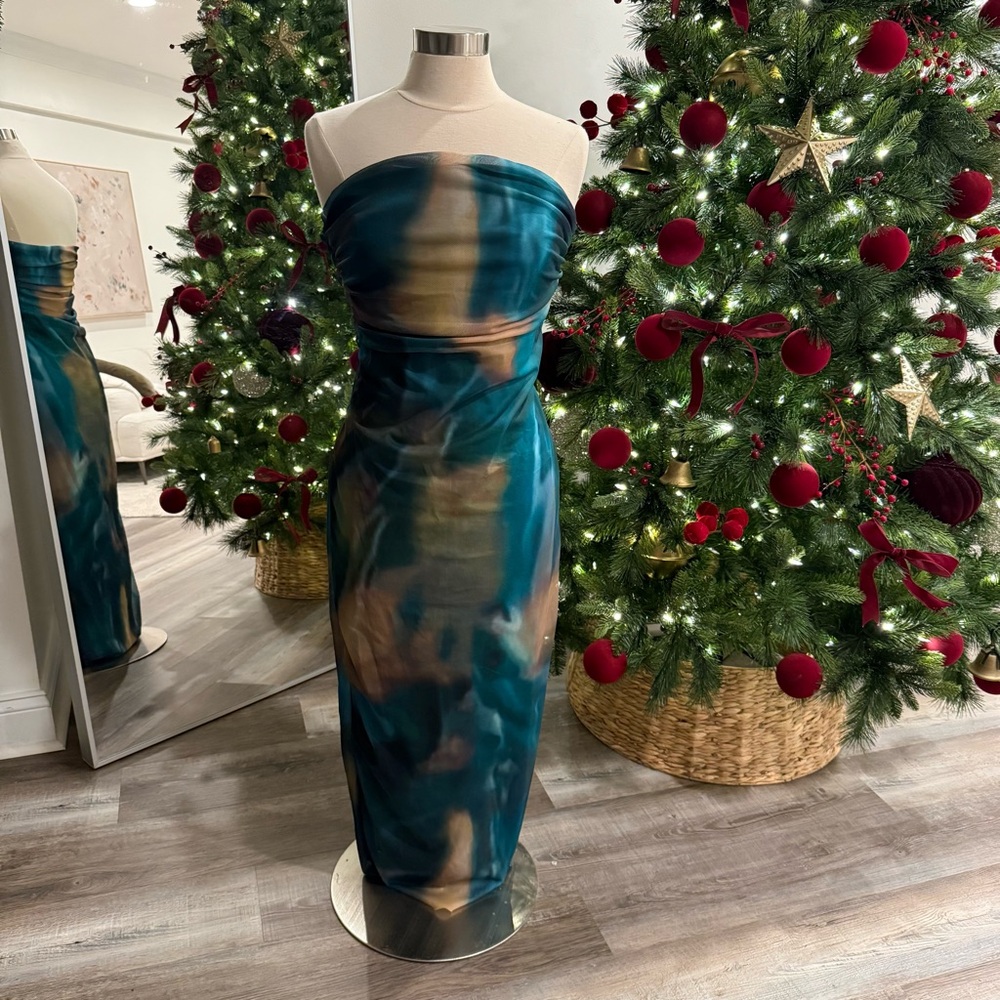 SHEIN Strapless Teal and Gold Dress